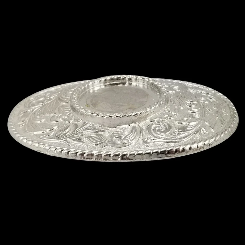 Oval Western Belt Buckle Silver Tone‎ Engraved Scroll Filigree No Center Piece